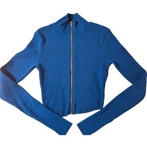 Cotton Citizen Ibiza Women's Full Zip‎ Up Ribbed Cropped Blue Jacket